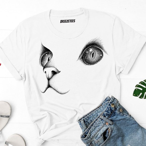 Women's Fashion Summer Casual Short Sleeve Round Neck Hand Drawn Cat Unisex Tee - Picture 2 of 7